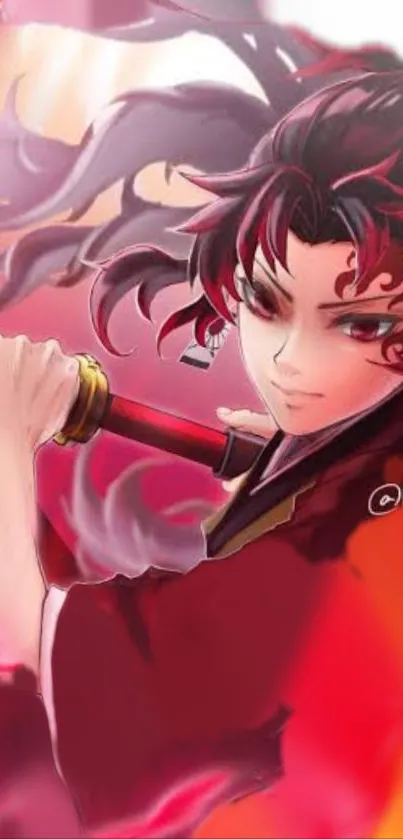 Vibrant anime swordfighter with red hues dominating the artwork.