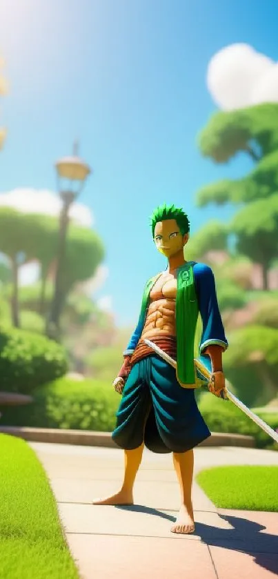 Anime character with sword in garden setting, vibrant and colorful.