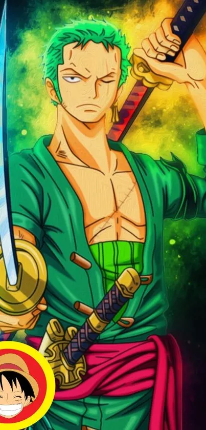 Anime swordsman with vibrant green and fiery colors holding swords.