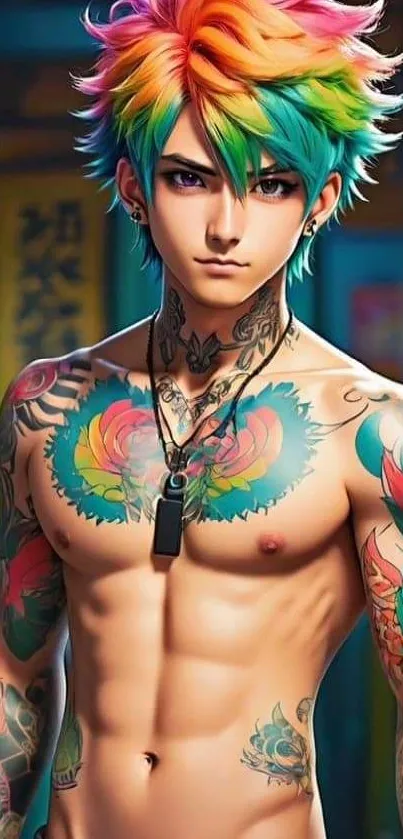 Vibrant anime character with tattoos and colorful hairstyle.