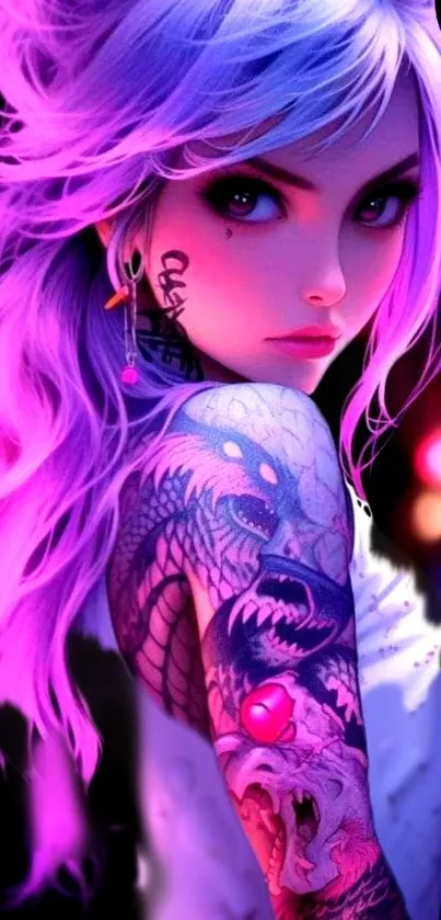 Anime character with purple hair and tattoos in vibrant colors.