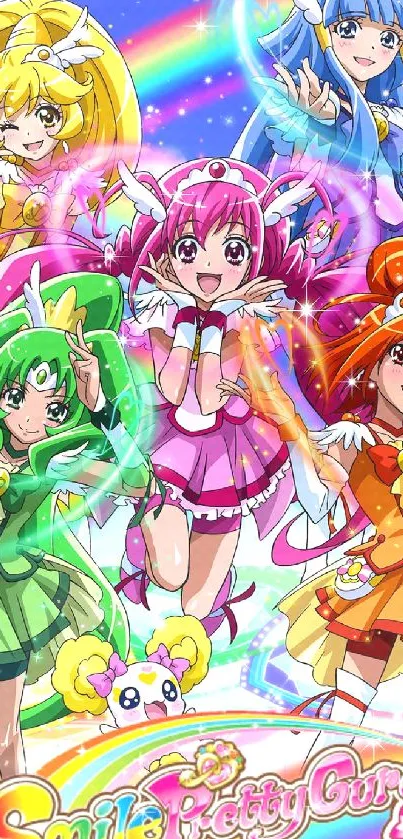 Colorful anime team in vibrant outfits with rainbow background.