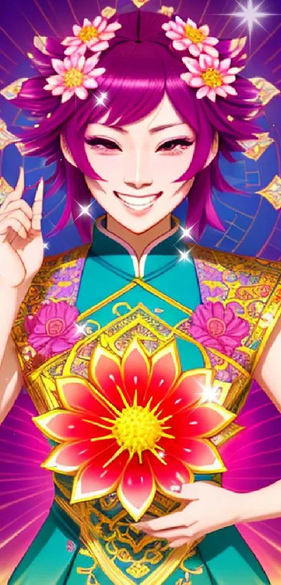 Anime character with floral elements and vibrant colors on wallpaper.
