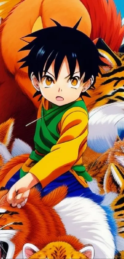 Anime character surrounded by tigers.