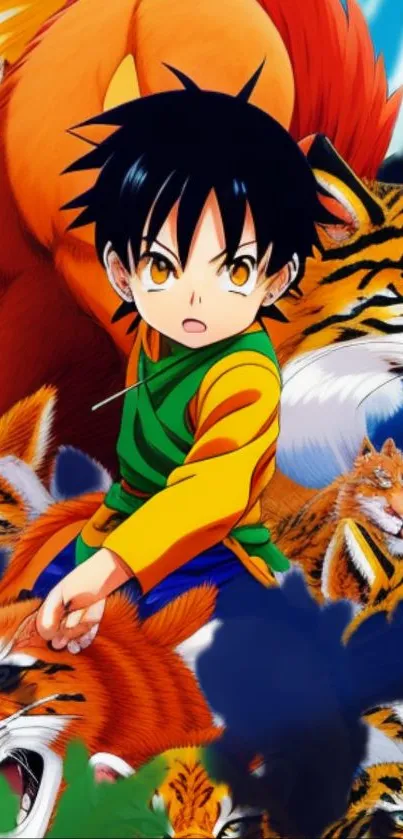 Anime character with tigers in a colorful and vibrant scene.