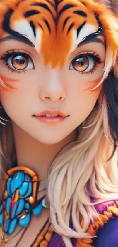 Vibrant tiger-themed anime character artwork in a city setting.