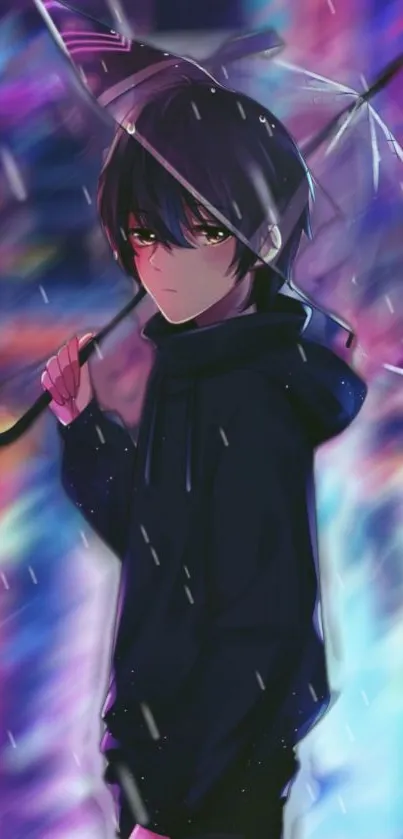 Anime character holding umbrella with colorful, rainy background.