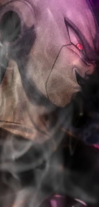 Anime villain with smoke, dark intense colors.