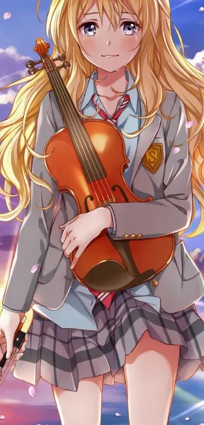 Anime girl with violin in sunset, vibrant wallpaper.