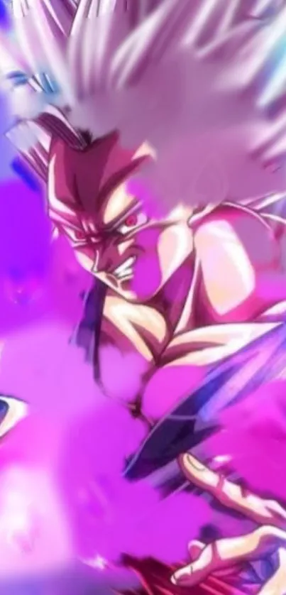 Anime warrior with vibrant purple energy background.