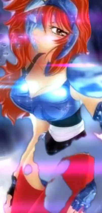 Anime warrior with red hair and blue armor in vibrant digital artwork.