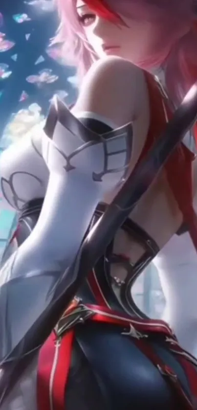 Anime warrior with red highlights and vibrant background.