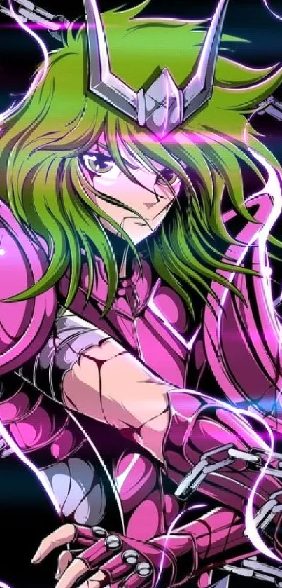 Anime warrior with pink armor and green hair on colorful wallpaper.