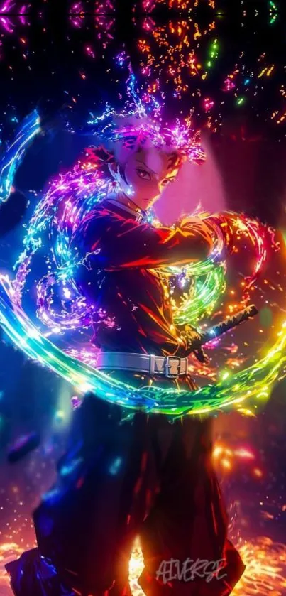 Anime warrior with vibrant, colorful energy swirls.