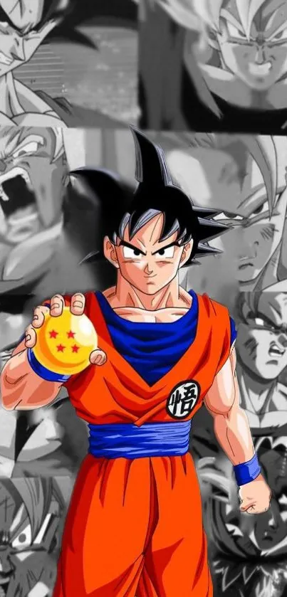 Anime warrior holding a dragon ball with colorful aura and background scenes.