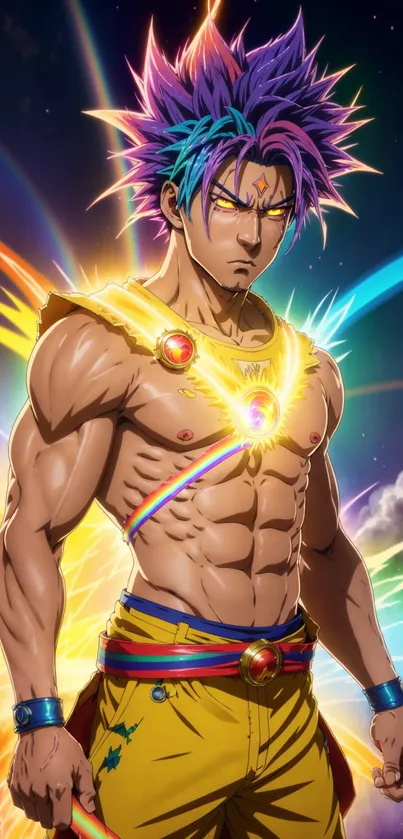 Vibrant anime warrior with rainbow hues and powerful stance.