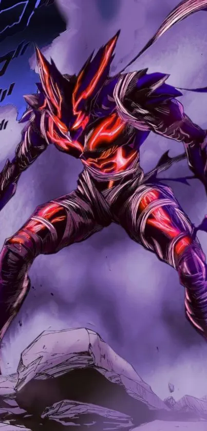 Anime warrior in vibrant purple hues, dynamic and intense.