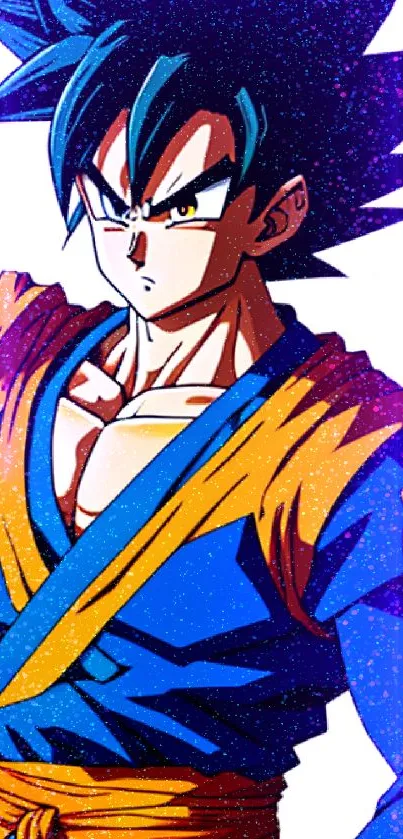 Vibrant anime warrior in blue and orange attire, dynamic pose.