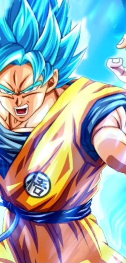 Dynamic anime warrior in blue aura with vibrant colors and strong expression.