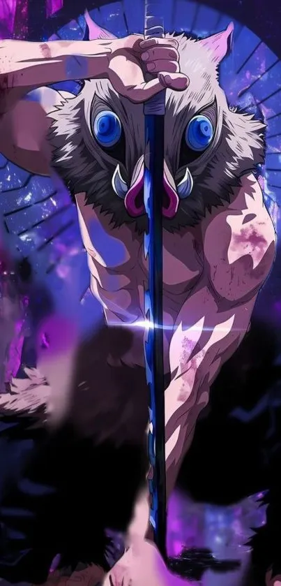 Anime warrior with boar mask, vibrant purple tones.