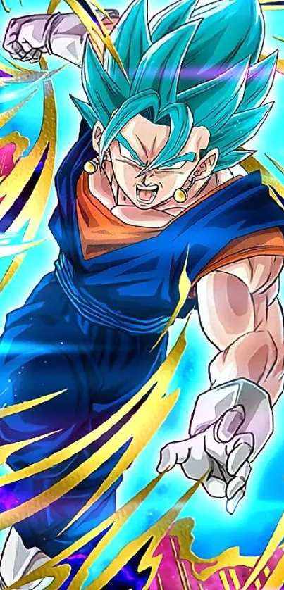 Vibrant anime warrior in action with dynamic energy bursts on mobile wallpaper.