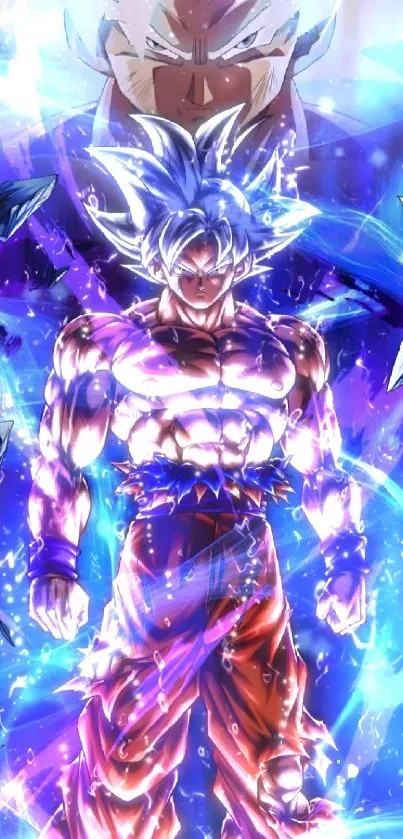 Anime warrior with vibrant cosmic aura and purple-blue energy.