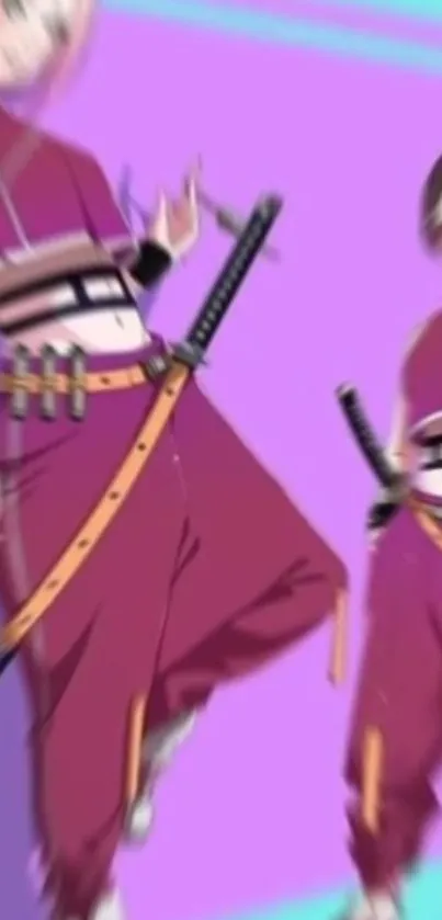 Anime warriors with katanas on a purple background.