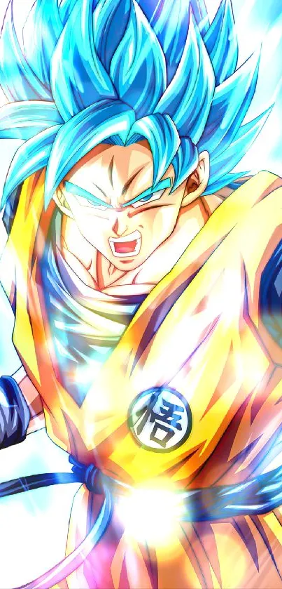 Anime warrior with blue hair and vibrant energy bursts.