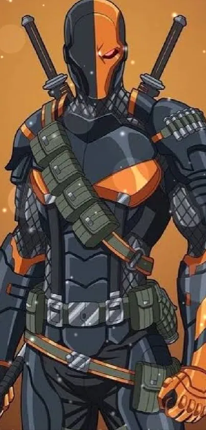 Anime character with orange and black suit holding weapons on a striking background.