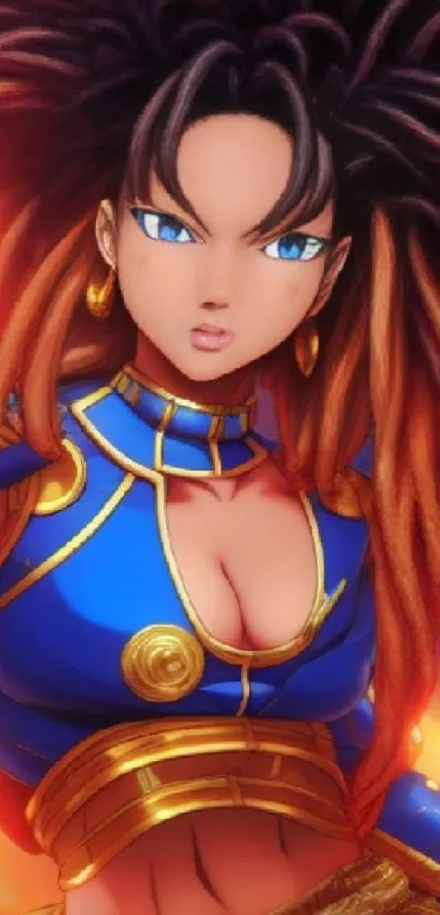 Anime warrior in blue and gold armor with vibrant orange backdrop.