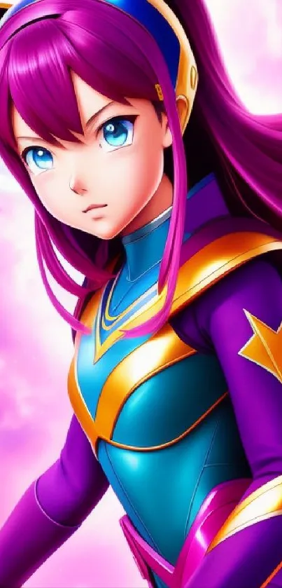 Anime warrior girl with purple hair and colorful attire on a pink background.