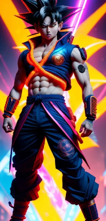 Anime warrior in vibrant neon colors with dynamic pose.