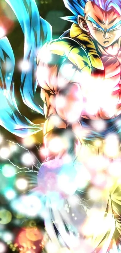 Vibrant anime warrior with electric energy and colorful background.