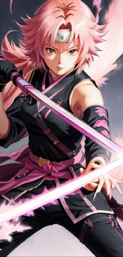 Anime warrior with pink hair and glowing sword wallpaper.