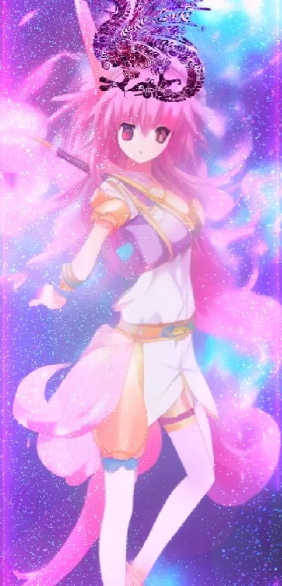 Anime warrior with pink hair and vibrant aura in colorful fantasy artwork.