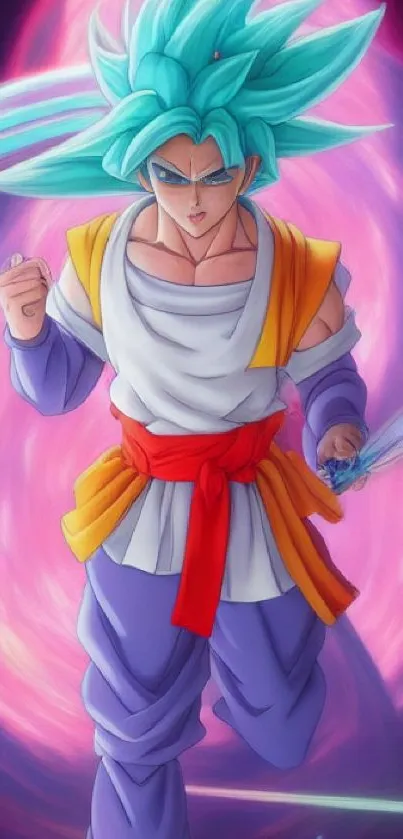 A vibrant anime warrior with cyan hair against a colorful backdrop.