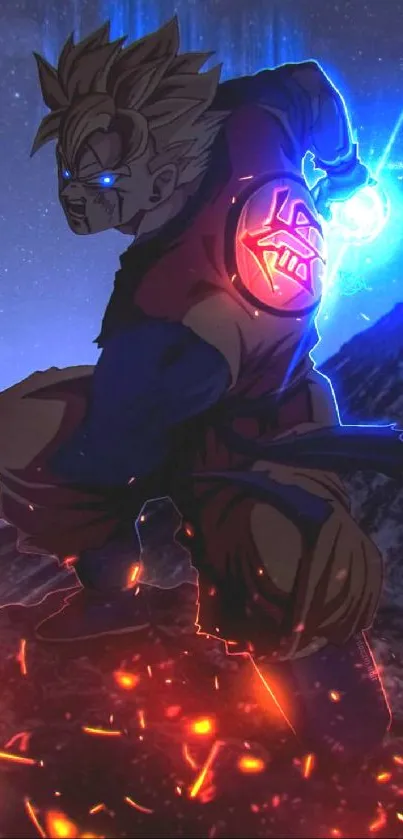 Anime warrior with glowing blue aura and fiery highlights on rocky terrain.