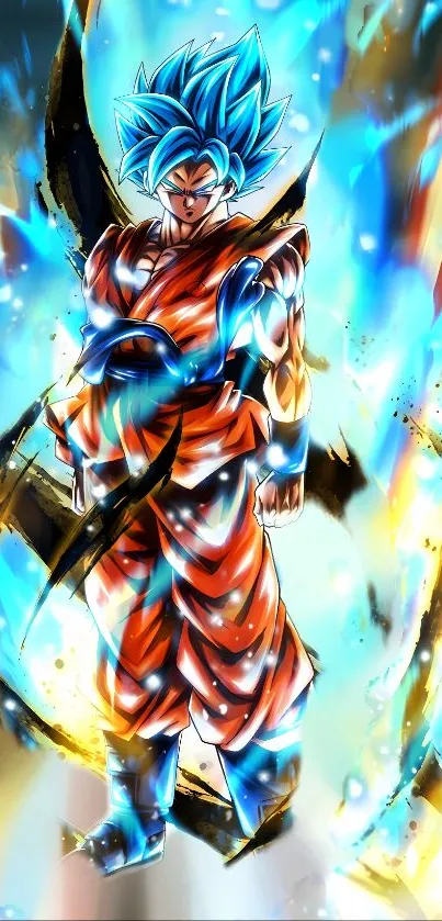 Fiery anime warrior in blue and orange aura.