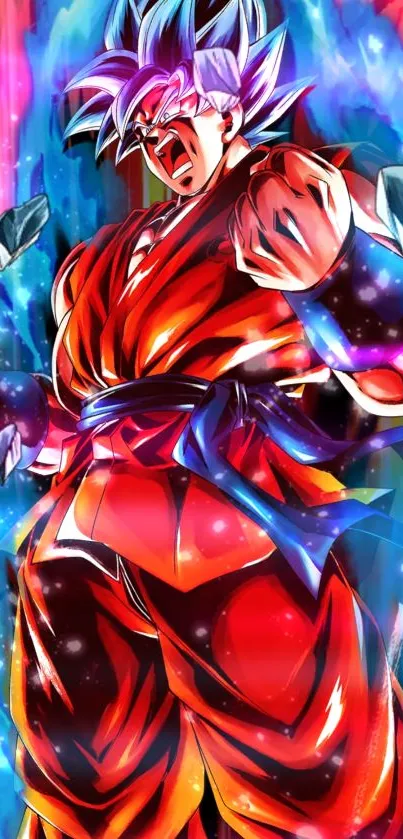 Vibrant anime warrior in red aura with blue energy glow.