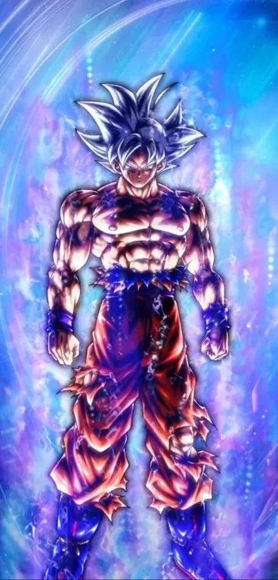 Anime warrior with vibrant blue aura and energy lines.