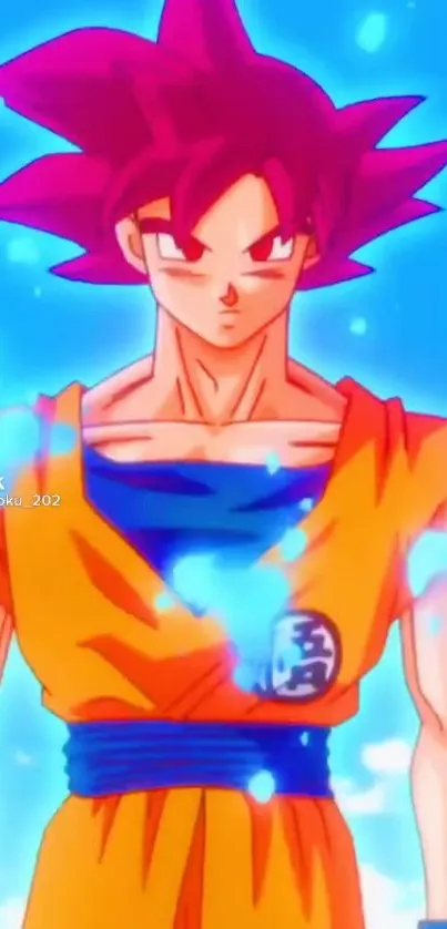 Vibrant anime warrior in orange attire with blue aura.