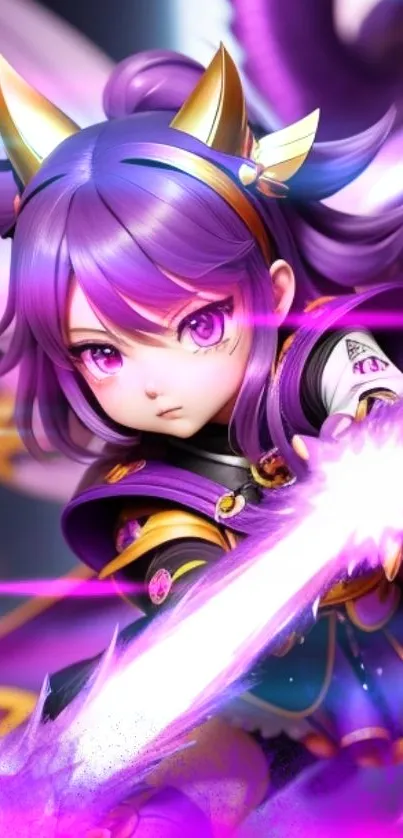 Anime warrior with purple hair and vibrant energy in a colorful wallpaper.