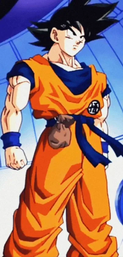 Anime warrior in orange attire with a blue background for mobile wallpaper.