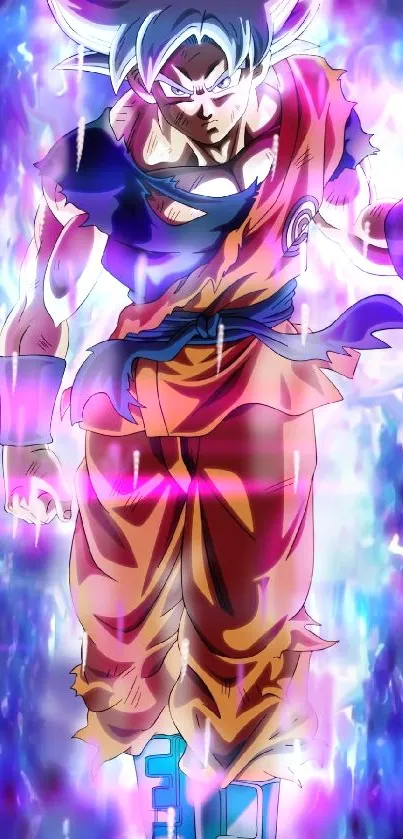 Anime character with vibrant purple aura background.