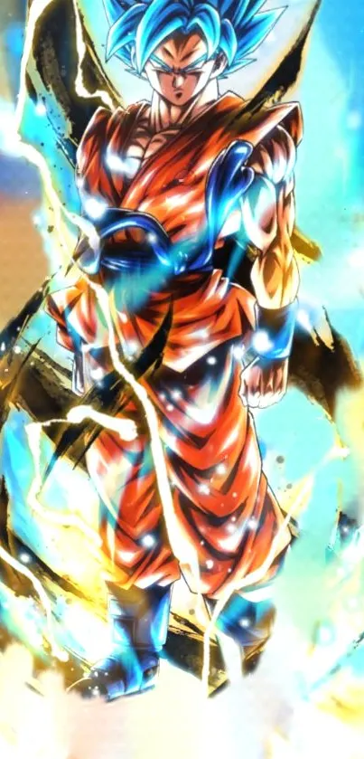 Anime warrior with blue aura in colorful mobile wallpaper.