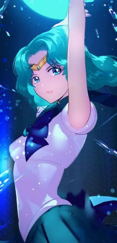 Anime warrior with cyan hair and vibrant colors in dynamic pose.