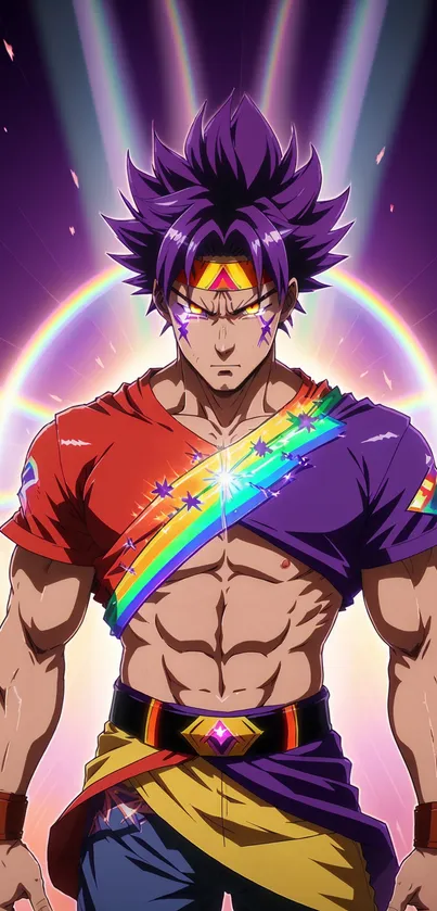 Anime warrior with rainbow colors, vibrant design.