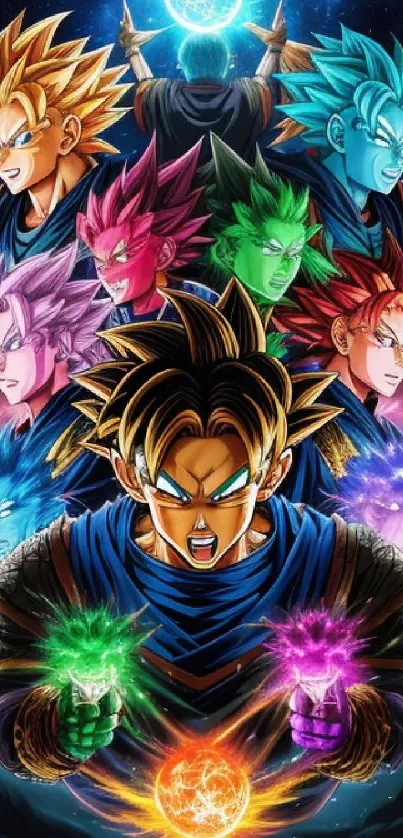 Vibrant anime warriors with colorful energy auras displayed in dynamic poses.