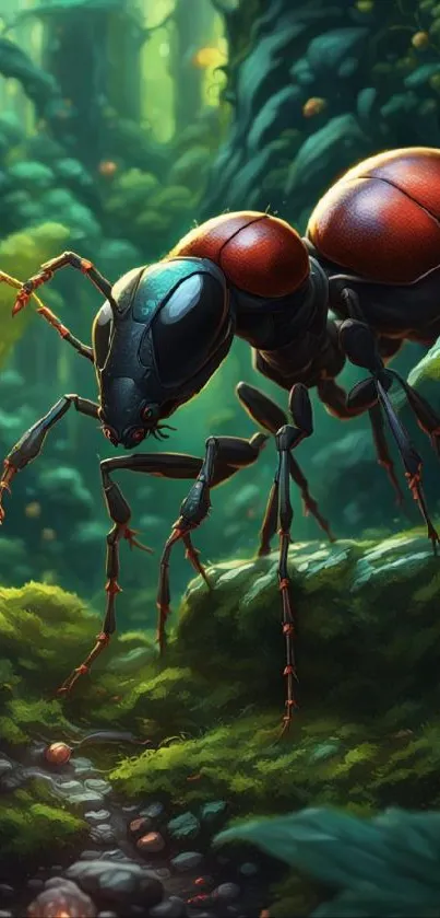 Detailed ant in lush green forest wallpaper.