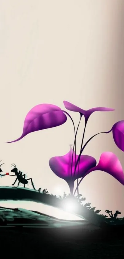 Surreal ants and purple leaves wallpaper.